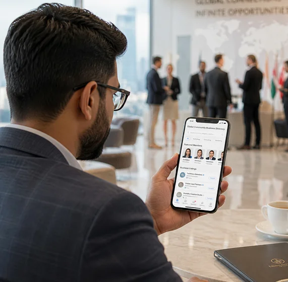 Global community business directory with member-only listings and professional networking ecosystem