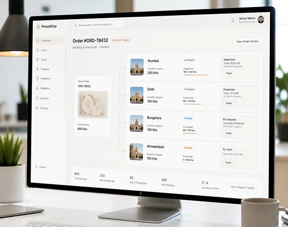 Multi-store and multi-location print fulfilment system with centralised order intake and decentralised dispatch tracking