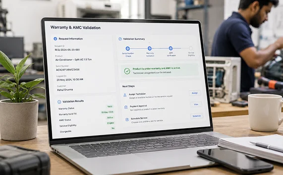 Automated warranty and AMC validation engine verifying serial numbers coverage status and service eligibility